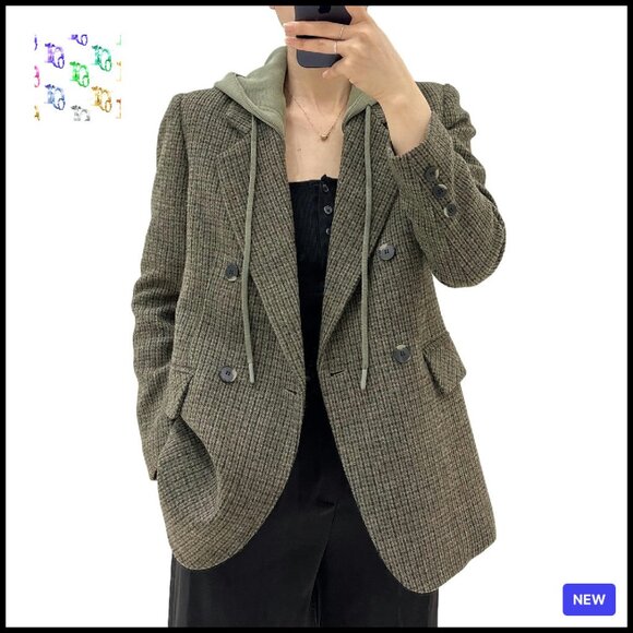 Oversized Tweed Blazer Hooded Double-Breasted Plaid Loose Fit Work Jacket